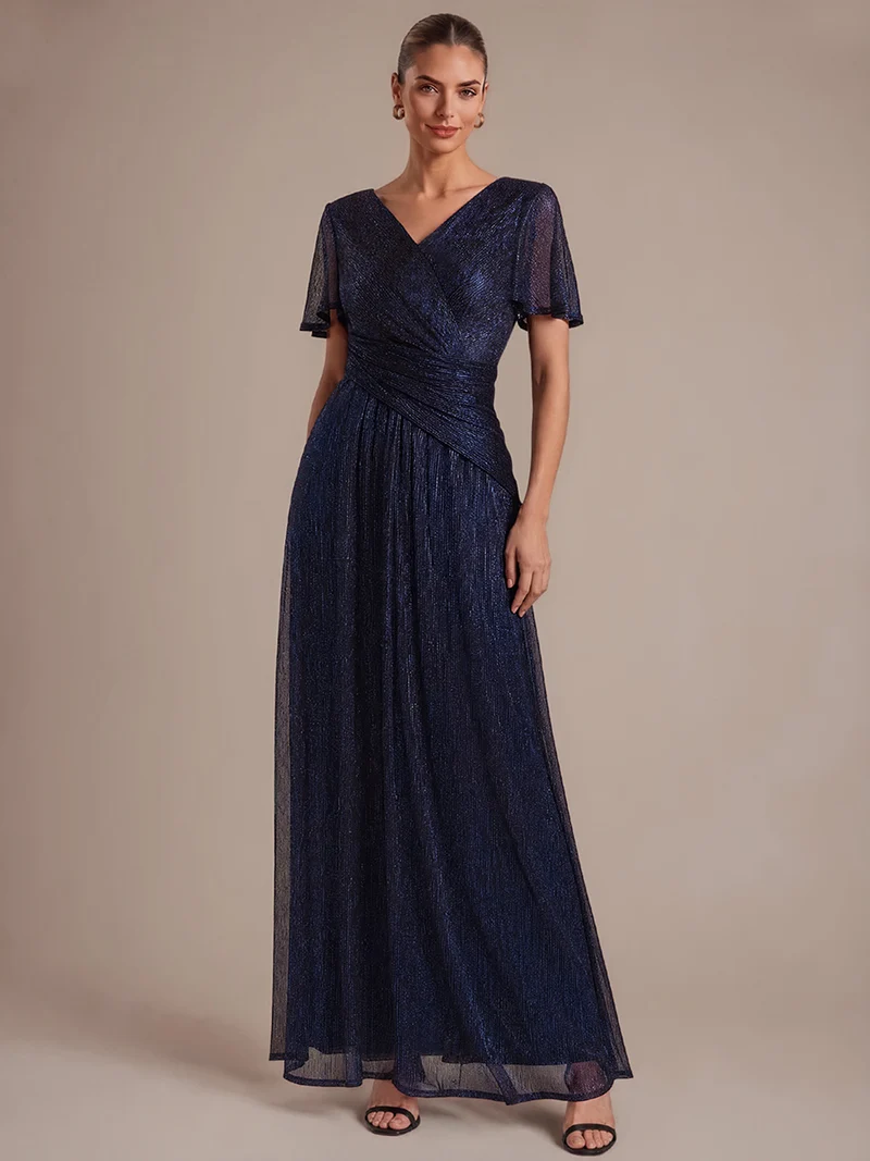 Robe Plissée en Tulle Coupe Trapèze Longue avec Manches Volantées