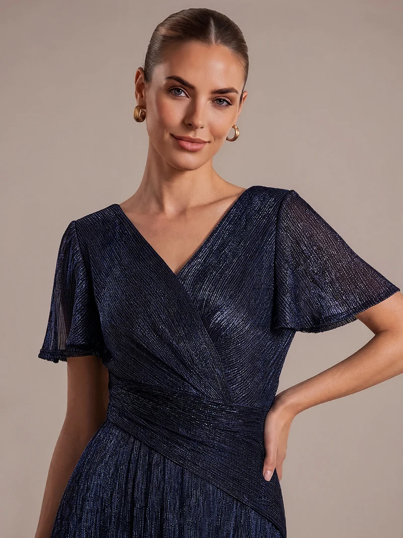 Robe Plissée en Tulle Coupe Trapèze Longue avec Manches Volantées