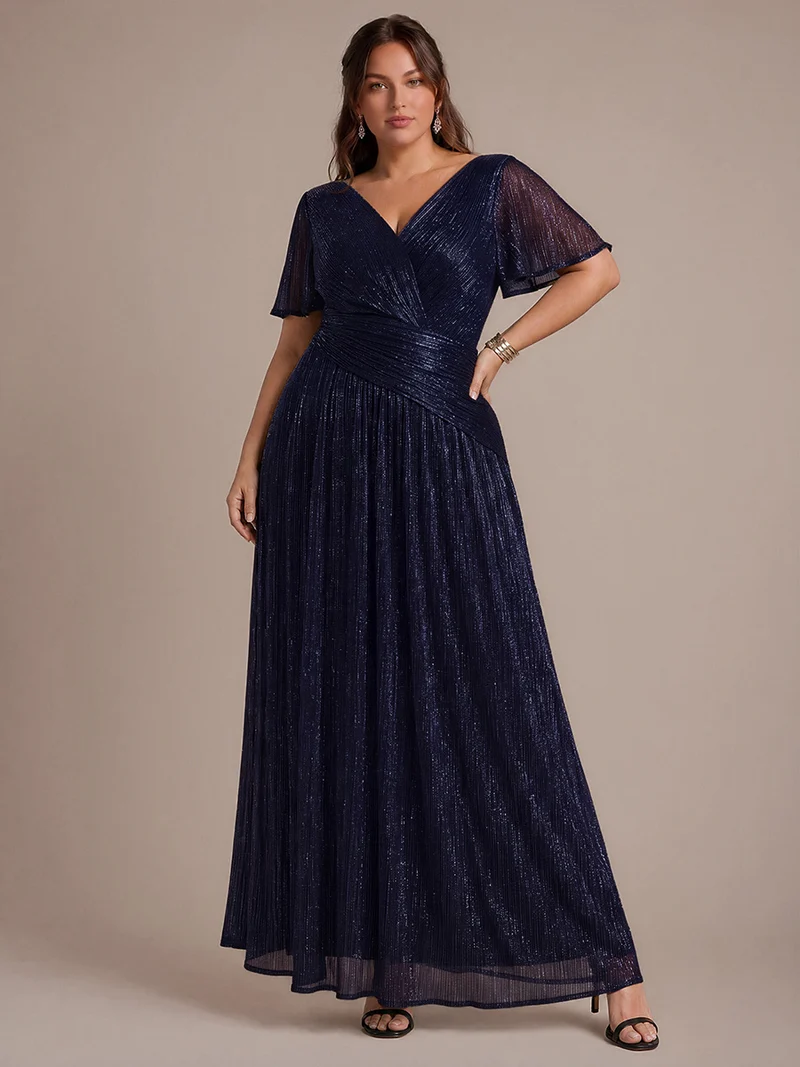 Robe Plissée en Tulle Coupe Trapèze Longue avec Manches Volantées