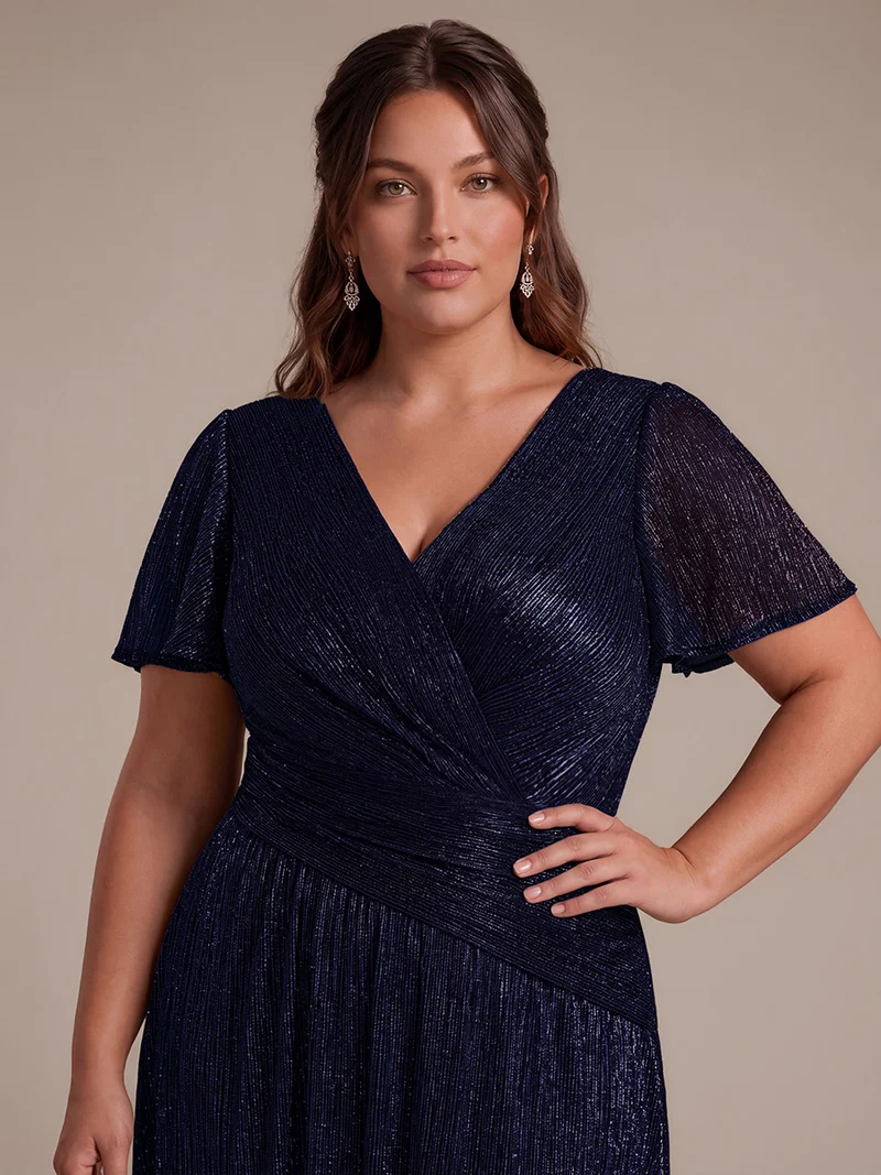 Robe Plissée en Tulle Coupe Trapèze Longue avec Manches Volantées
