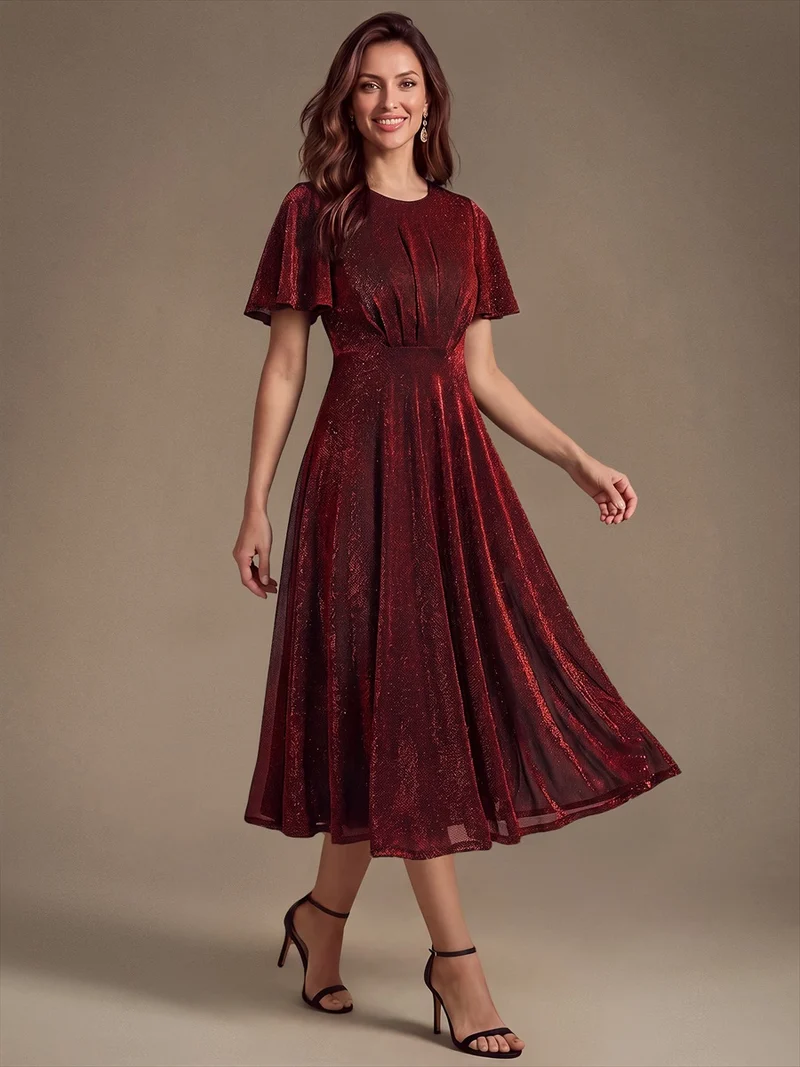 Robe midi trapèze en maille Lurex drapée 3D