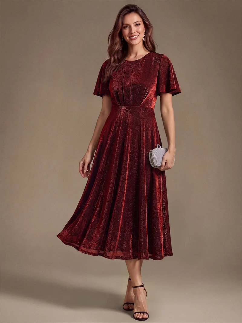Robe midi trapèze en maille Lurex drapée 3D