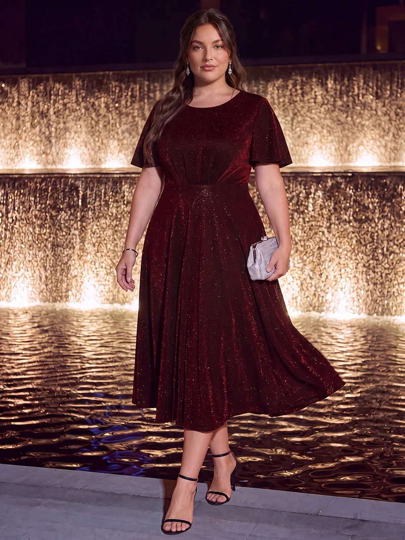 Robe midi trapèze en maille Lurex drapée 3D