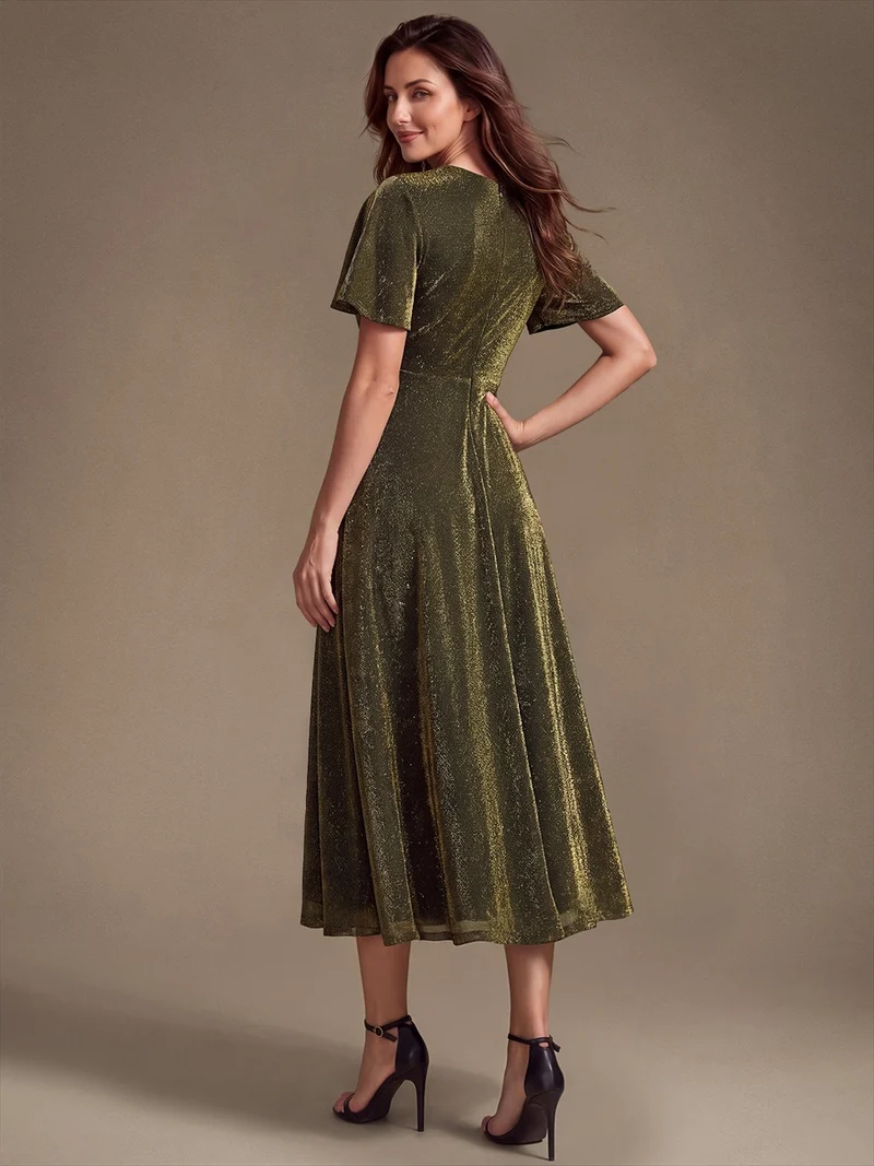 Robe midi trapèze en maille Lurex drapée 3D