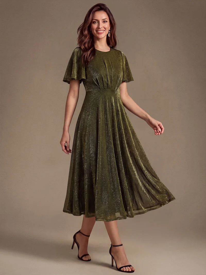 Robe midi trapèze en maille Lurex drapée 3D