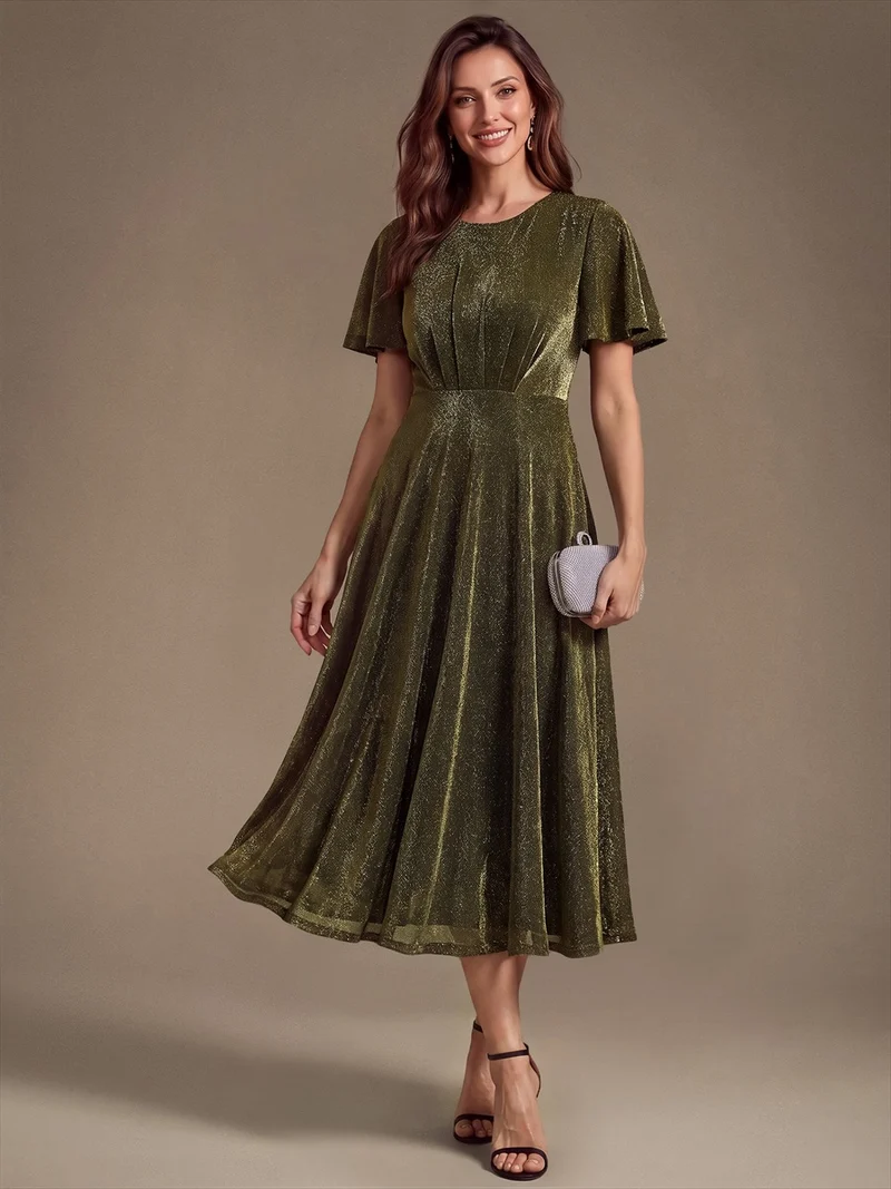Robe midi trapèze en maille Lurex drapée 3D