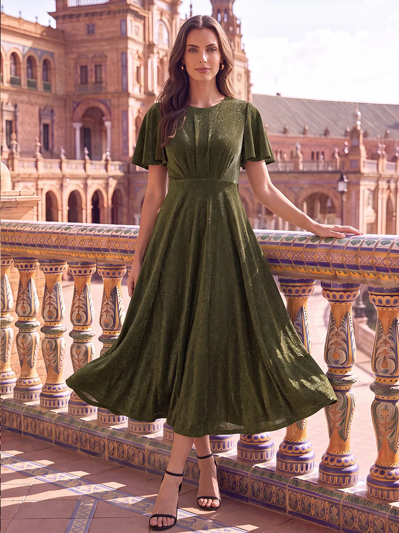 Robe midi trapèze en maille Lurex drapée 3D