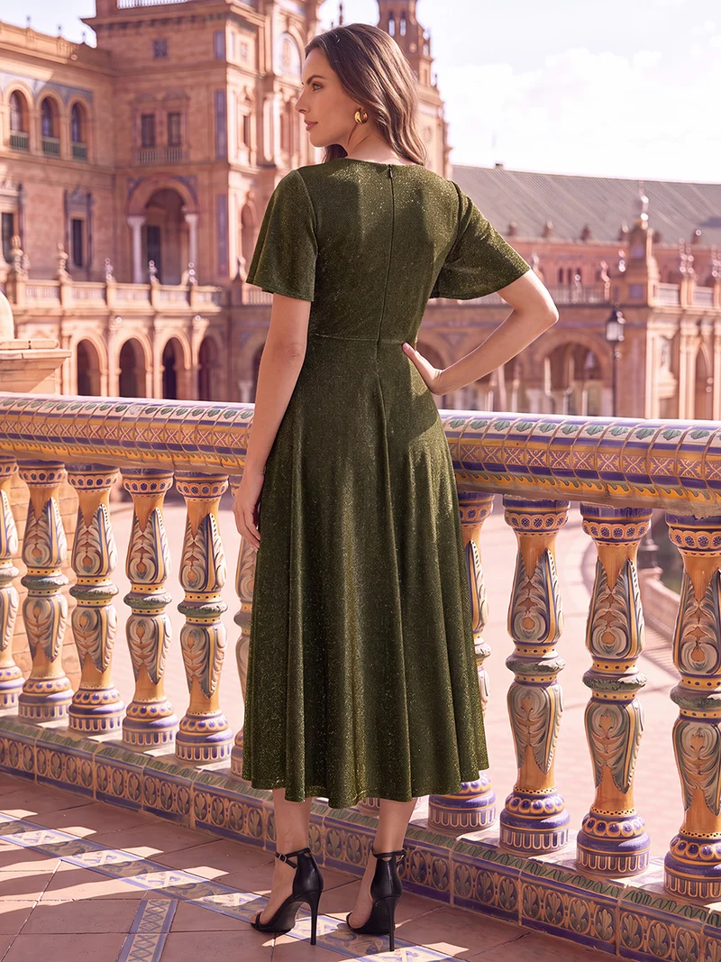 Robe midi trapèze en maille Lurex drapée 3D