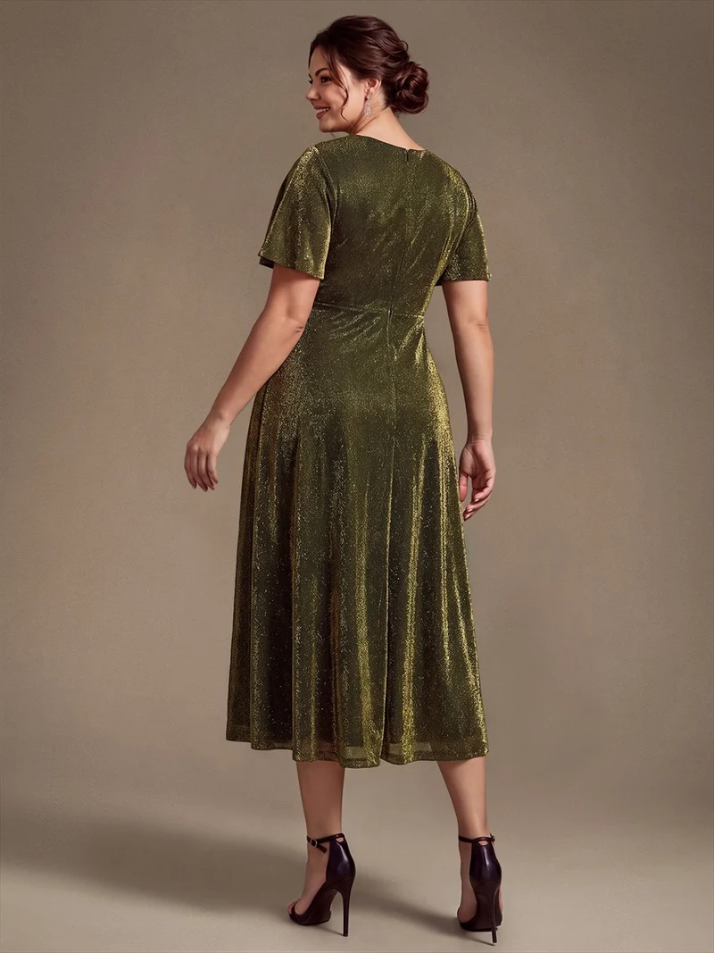 Robe midi trapèze en maille Lurex drapée 3D