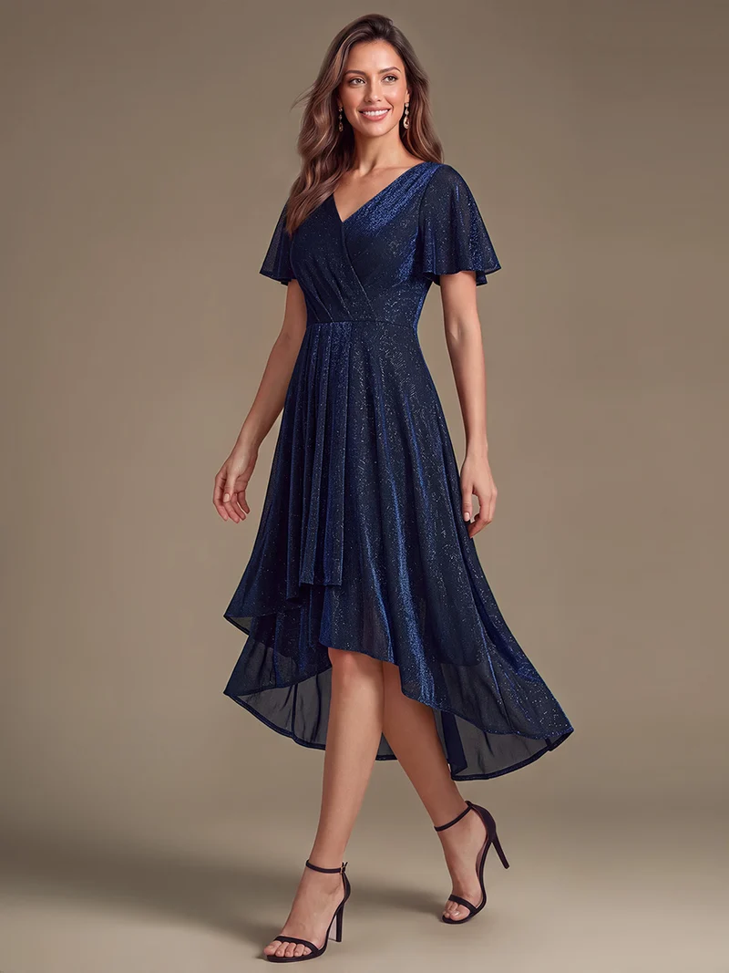 Robe longue en tulle lurex drapée coupe trapèze à manches volantées
