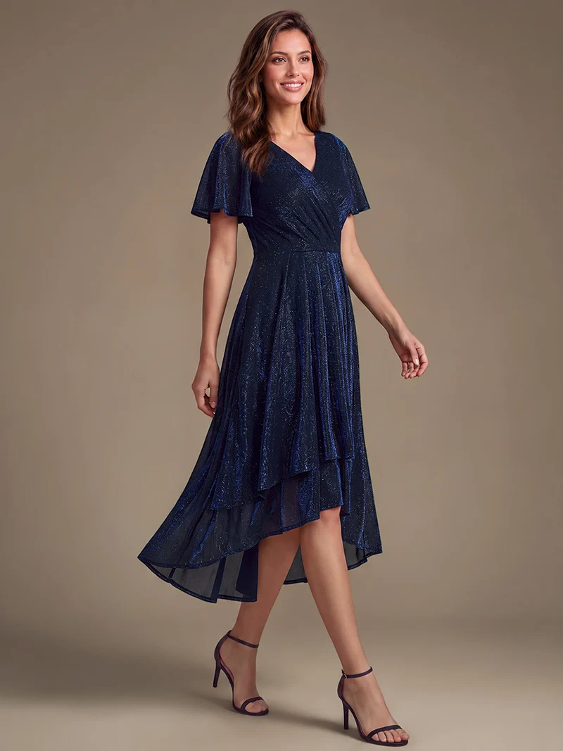 Robe longue en tulle lurex drapée coupe trapèze à manches volantées