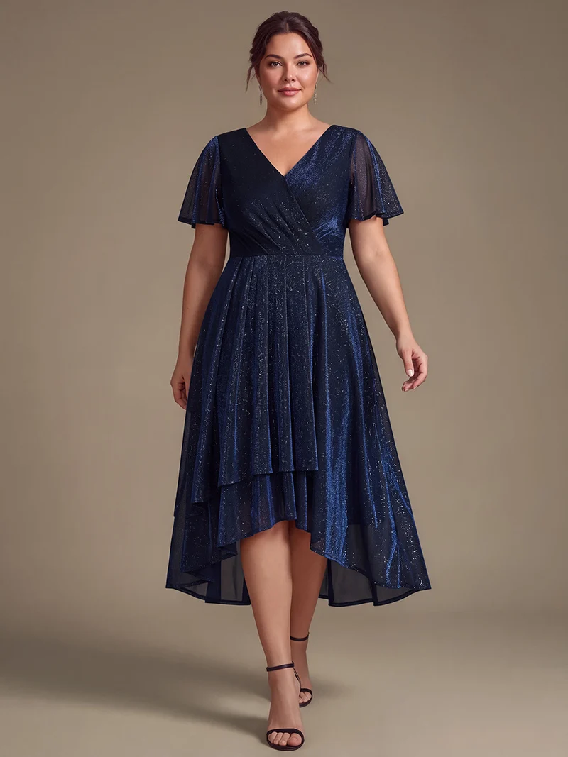 Robe longue en tulle lurex drapée coupe trapèze à manches volantées