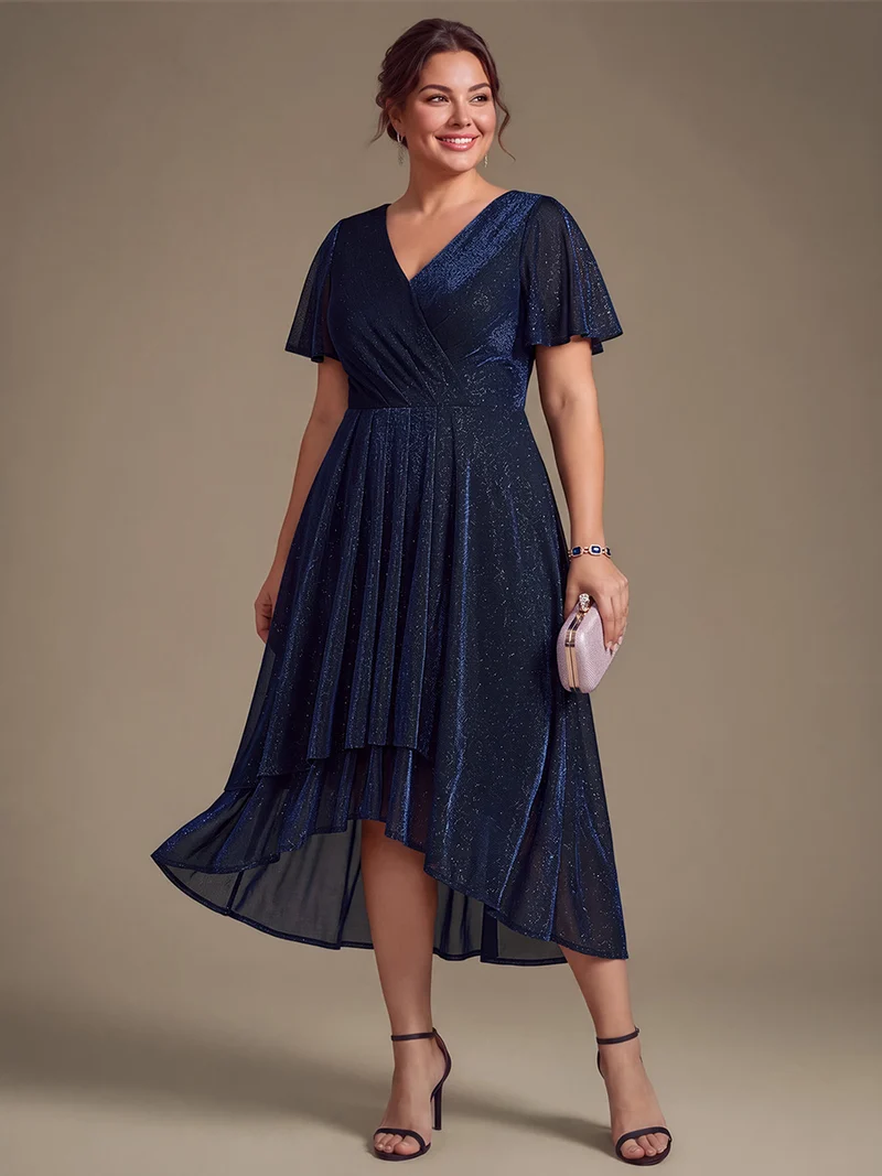Robe longue en tulle lurex drapée coupe trapèze à manches volantées