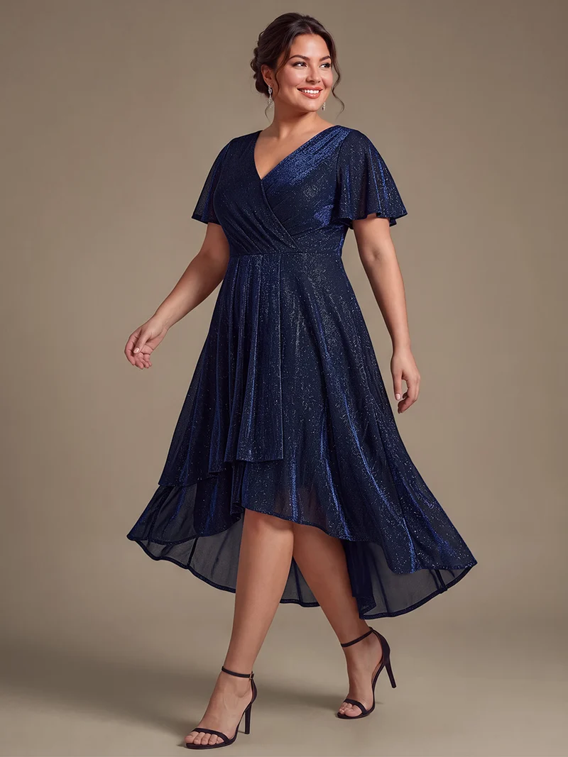 Robe longue en tulle lurex drapée coupe trapèze à manches volantées
