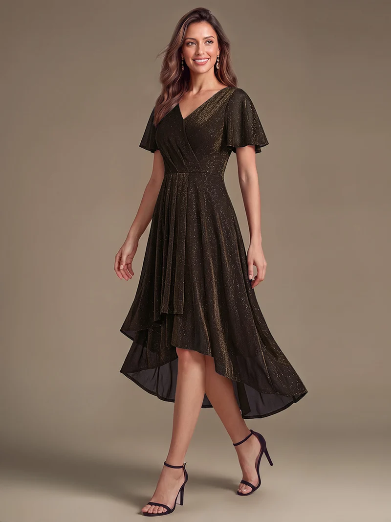 Robe longue en tulle lurex drapée coupe trapèze à manches volantées