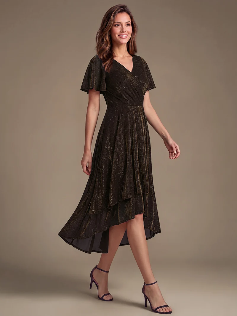 Robe longue en tulle lurex drapée coupe trapèze à manches volantées