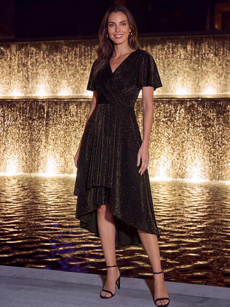 Robe longue en tulle lurex drapée coupe trapèze à manches volantées