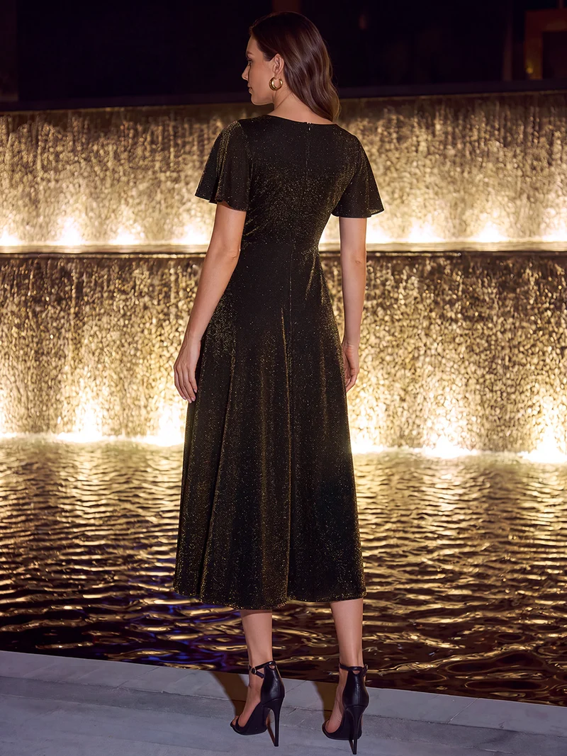 Robe longue en tulle lurex drapée coupe trapèze à manches volantées