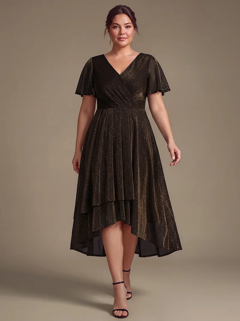 Robe longue en tulle lurex drapée coupe trapèze à manches volantées