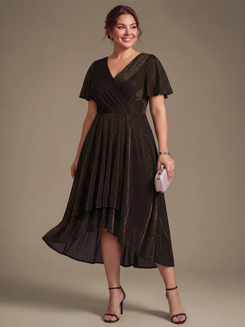 Robe longue en tulle lurex drapée coupe trapèze à manches volantées