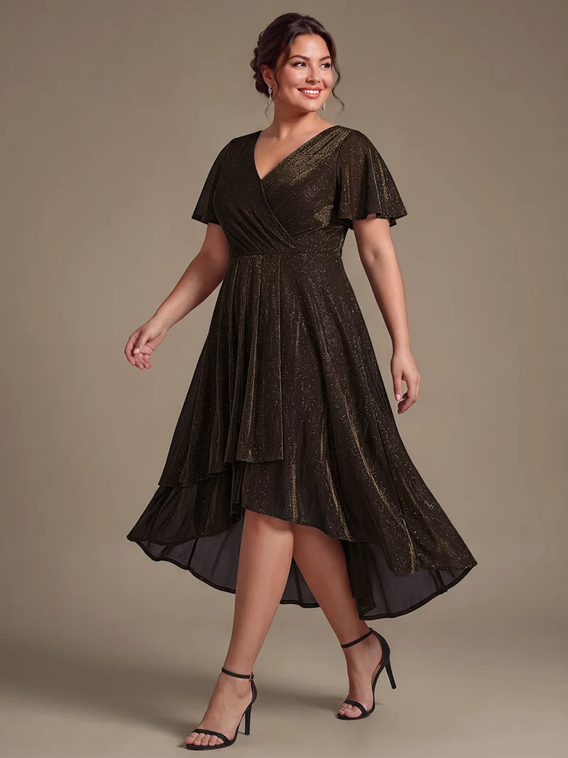 Robe longue en tulle lurex drapée coupe trapèze à manches volantées