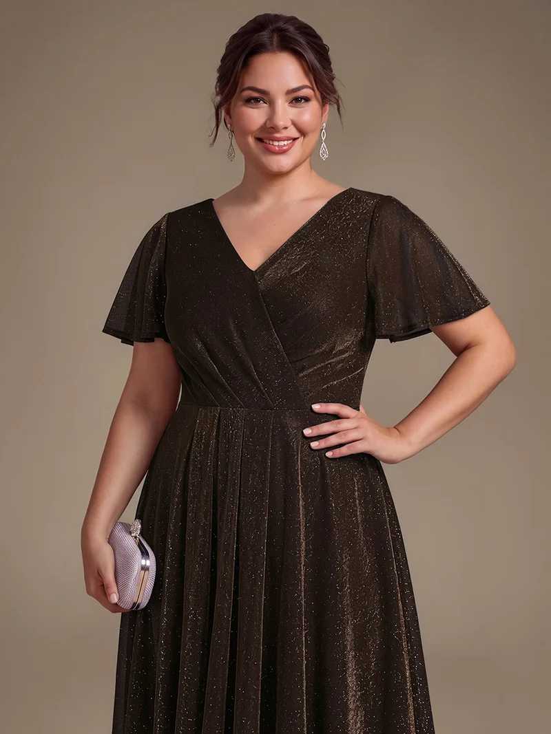 Robe longue en tulle lurex drapée coupe trapèze à manches volantées