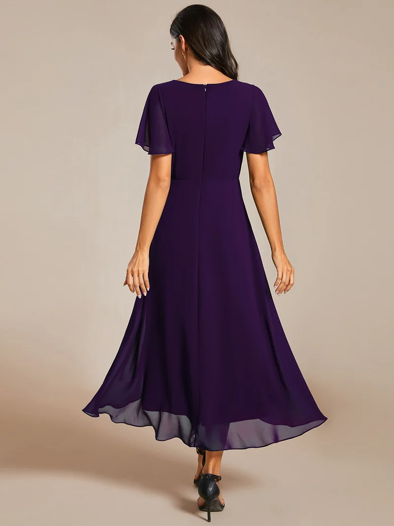 ever LARK | Robe mi-longue plissée en mousseline de soie - Manches à volants & Col en V