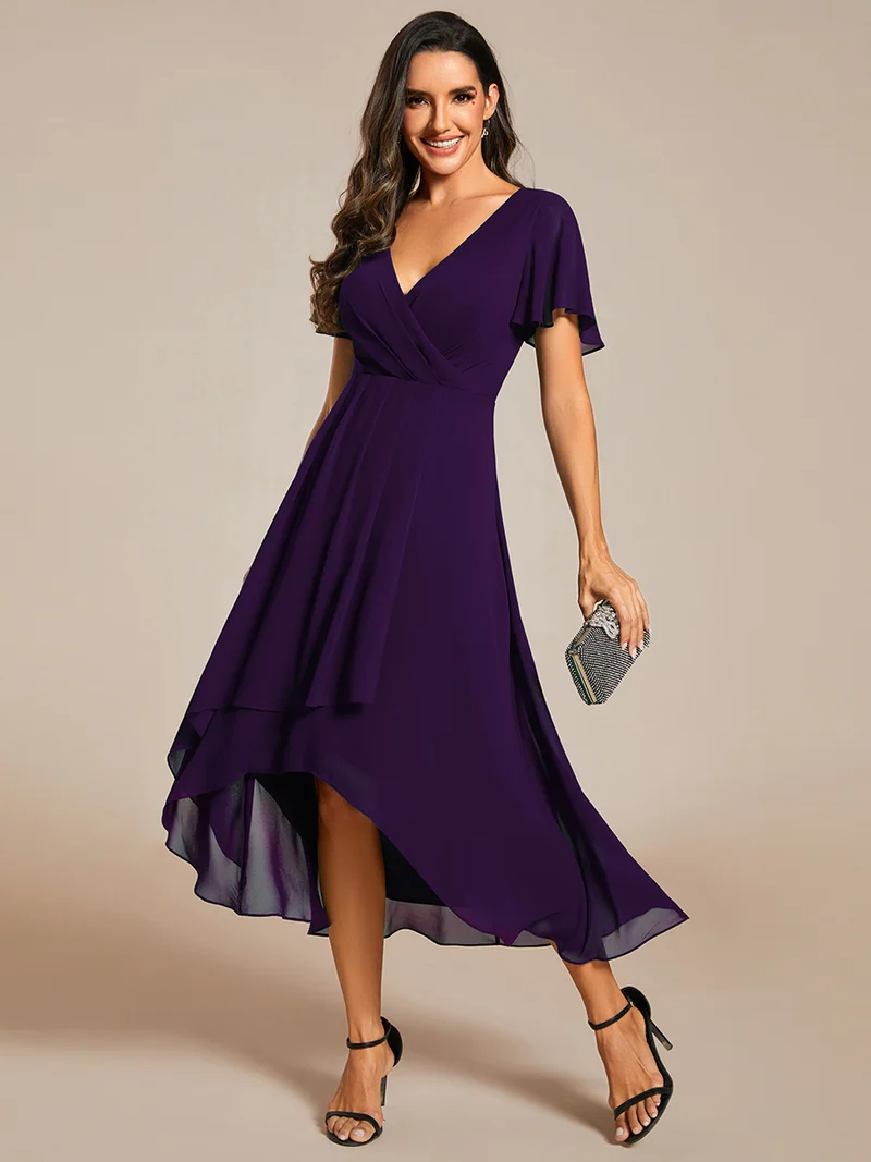 ever LARK | Robe mi-longue plissée en mousseline de soie - Manches à volants & Col en V