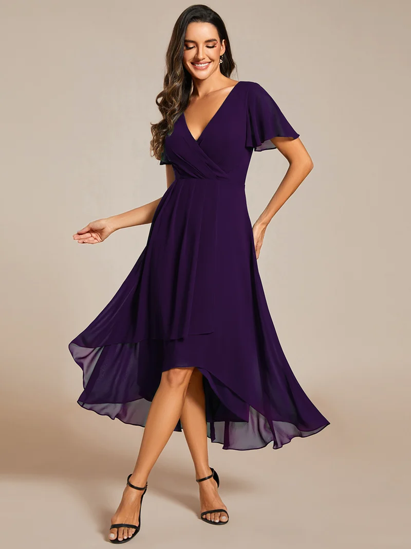 ever LARK | Robe mi-longue plissée en mousseline de soie - Manches à volants & Col en V