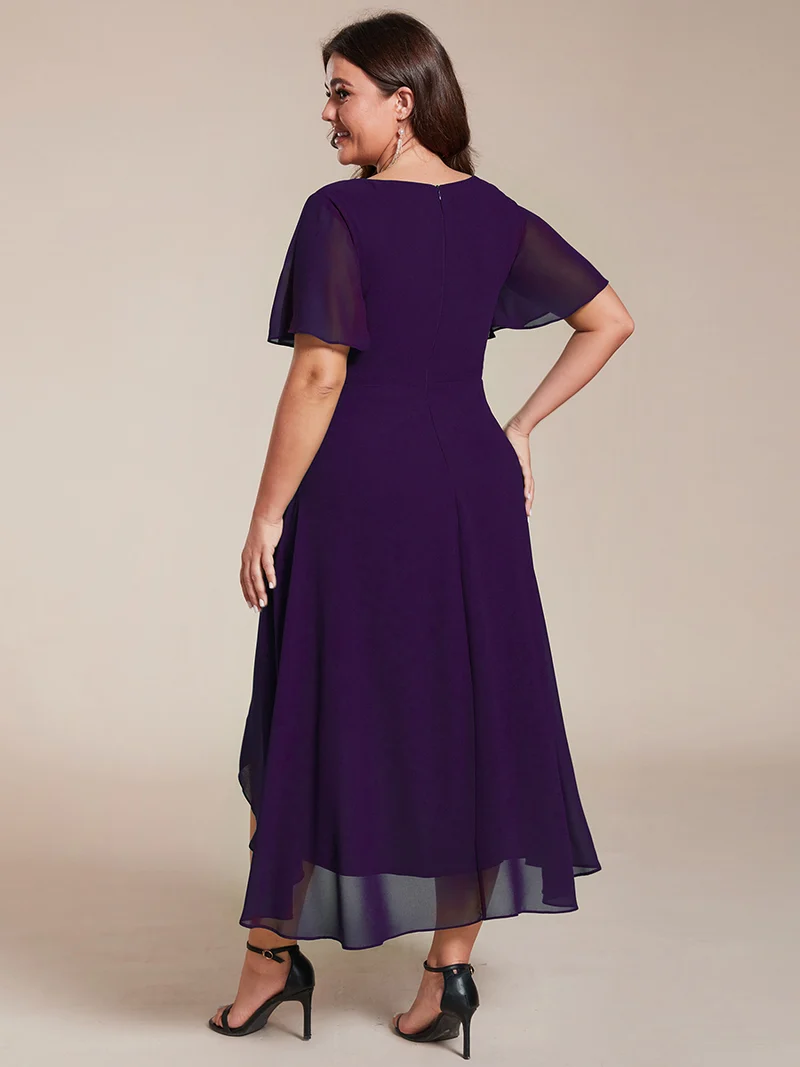 ever LARK | Robe mi-longue plissée en mousseline de soie - Manches à volants & Col en V