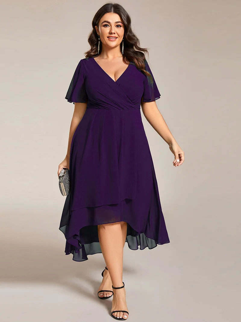 ever LARK | Robe mi-longue plissée en mousseline de soie - Manches à volants & Col en V