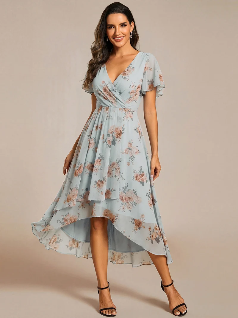 ever LARK | Robe mi-longue plissée en mousseline de soie - Manches à volants & Col en V