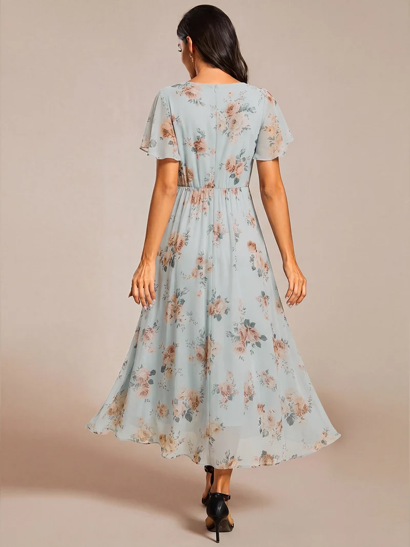 ever LARK | Robe mi-longue plissée en mousseline de soie - Manches à volants & Col en V