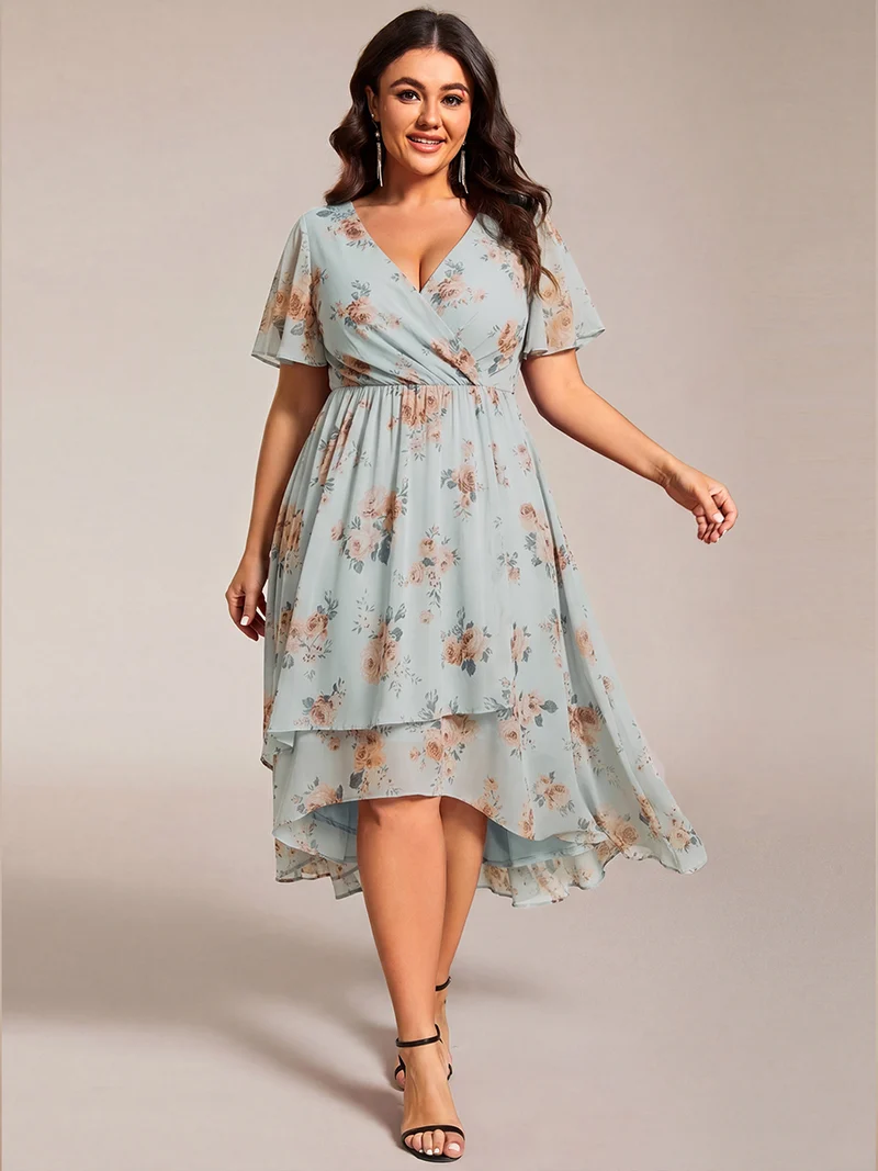 ever LARK | Robe mi-longue plissée en mousseline de soie - Manches à volants & Col en V