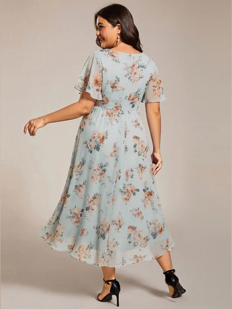 ever LARK | Robe mi-longue plissée en mousseline de soie - Manches à volants & Col en V