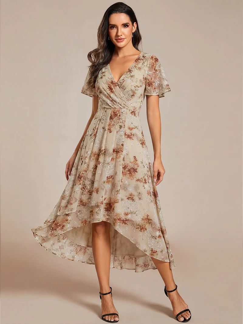 ever LARK | Robe mi-longue plissée en mousseline de soie - Manches à volants & Col en V