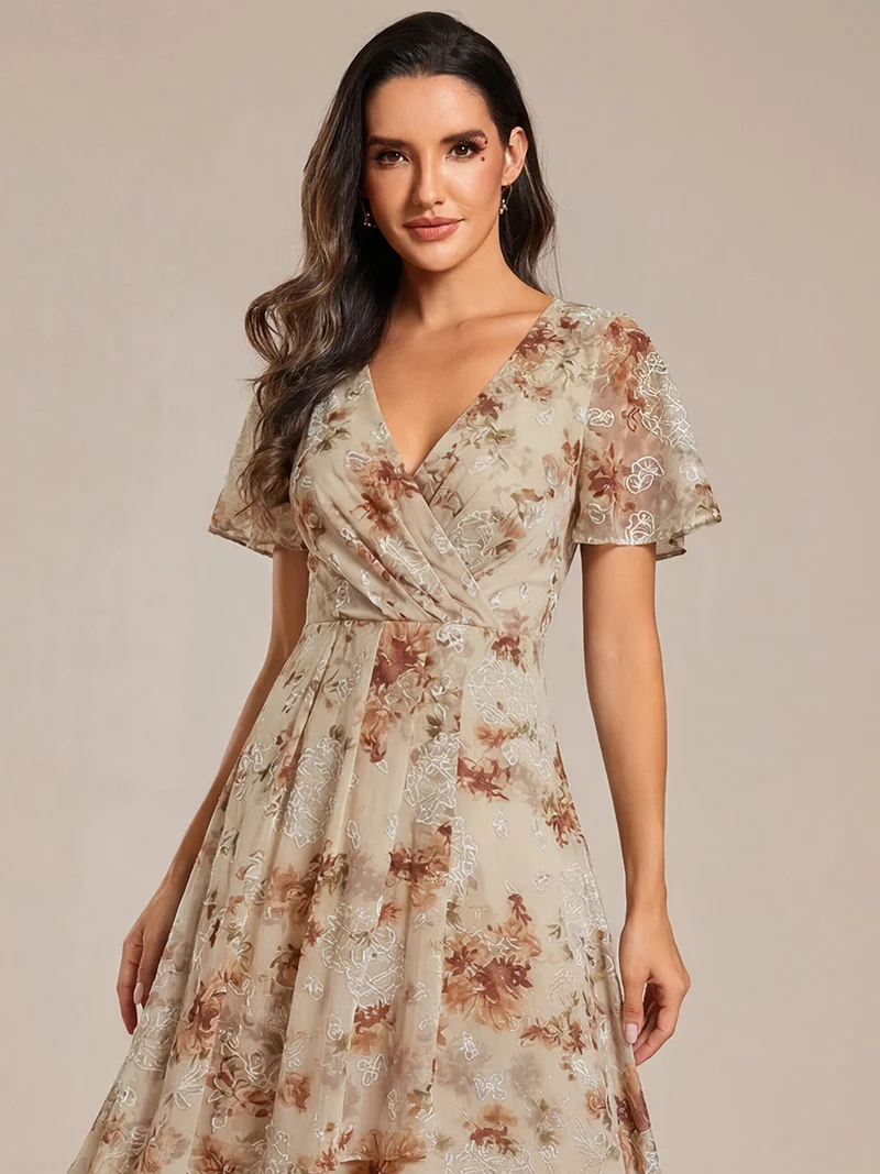 ever LARK | Robe mi-longue plissée en mousseline de soie - Manches à volants & Col en V