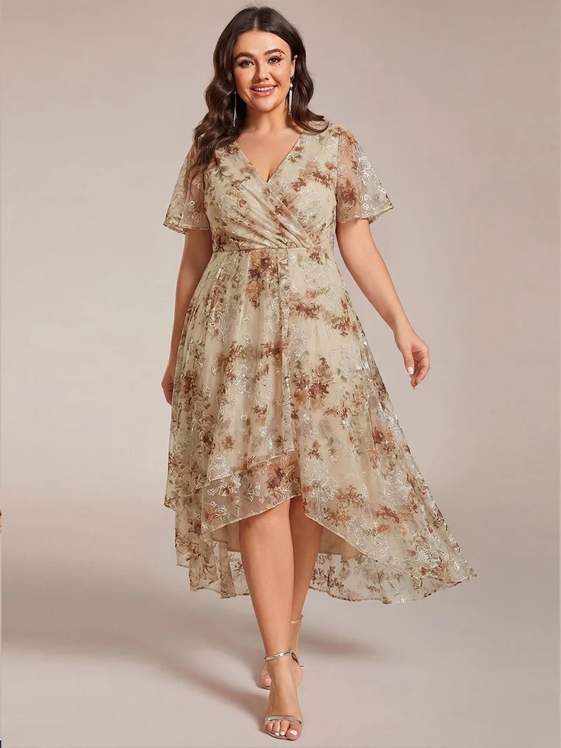 ever LARK | Robe mi-longue plissée en mousseline de soie - Manches à volants & Col en V