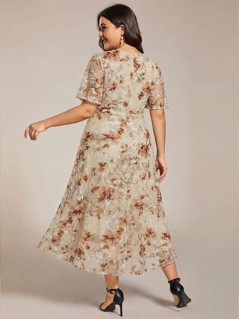 ever LARK | Robe mi-longue plissée en mousseline de soie - Manches à volants & Col en V