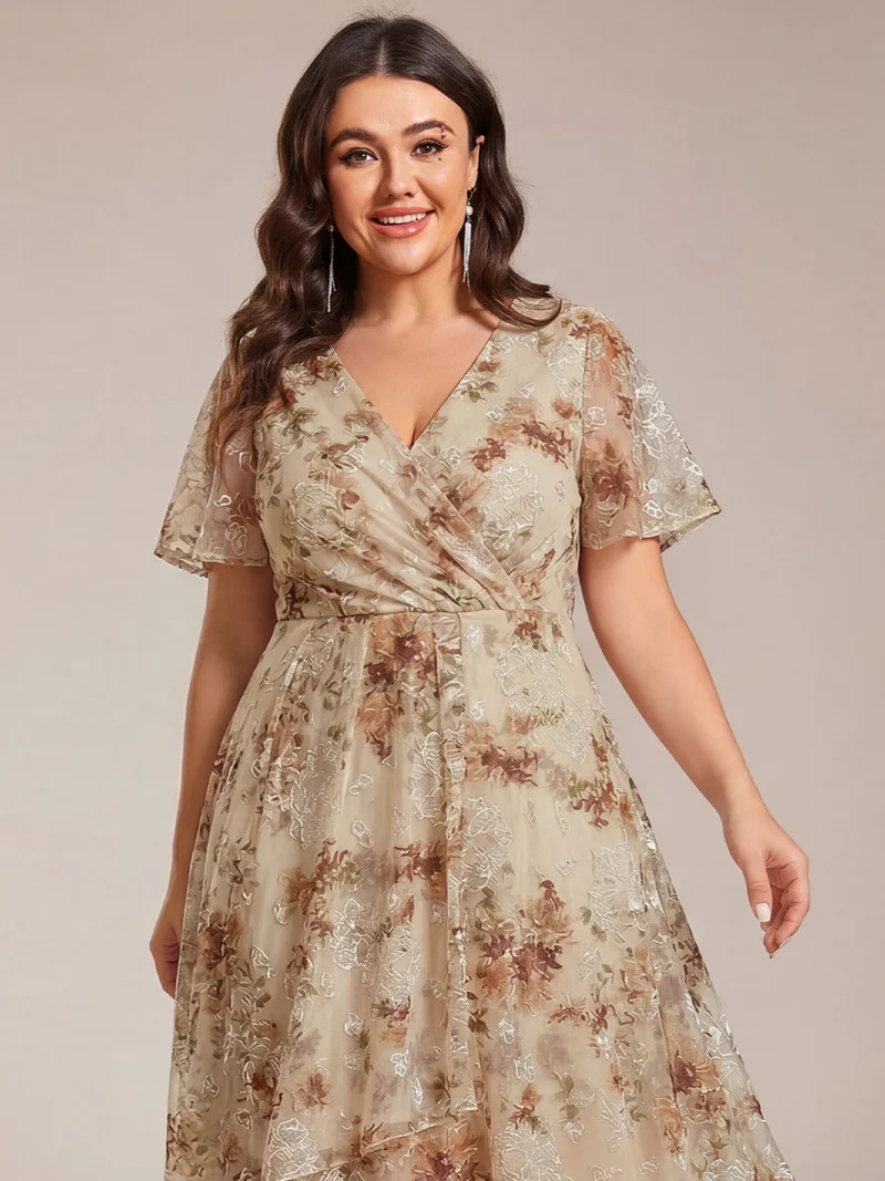 ever LARK | Robe mi-longue plissée en mousseline de soie - Manches à volants & Col en V