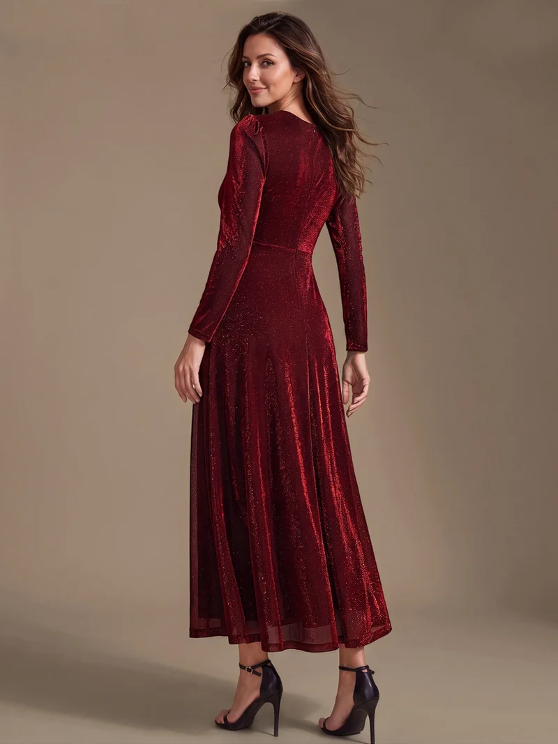 Robe midi trapèze scintillante en maille Lurex col croisé manches longues