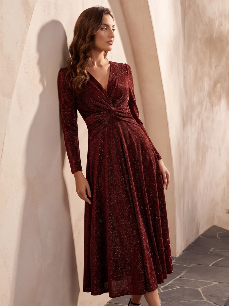 Robe midi trapèze scintillante en maille Lurex col croisé manches longues