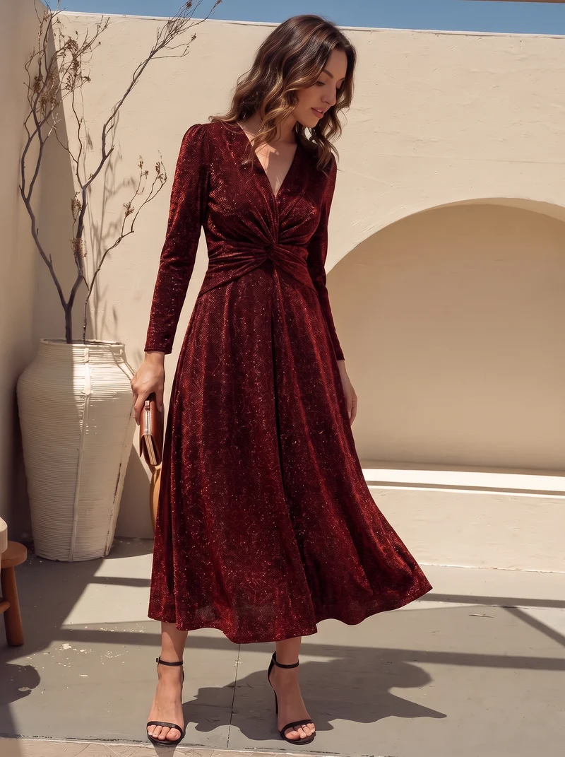 Robe midi trapèze scintillante en maille Lurex col croisé manches longues