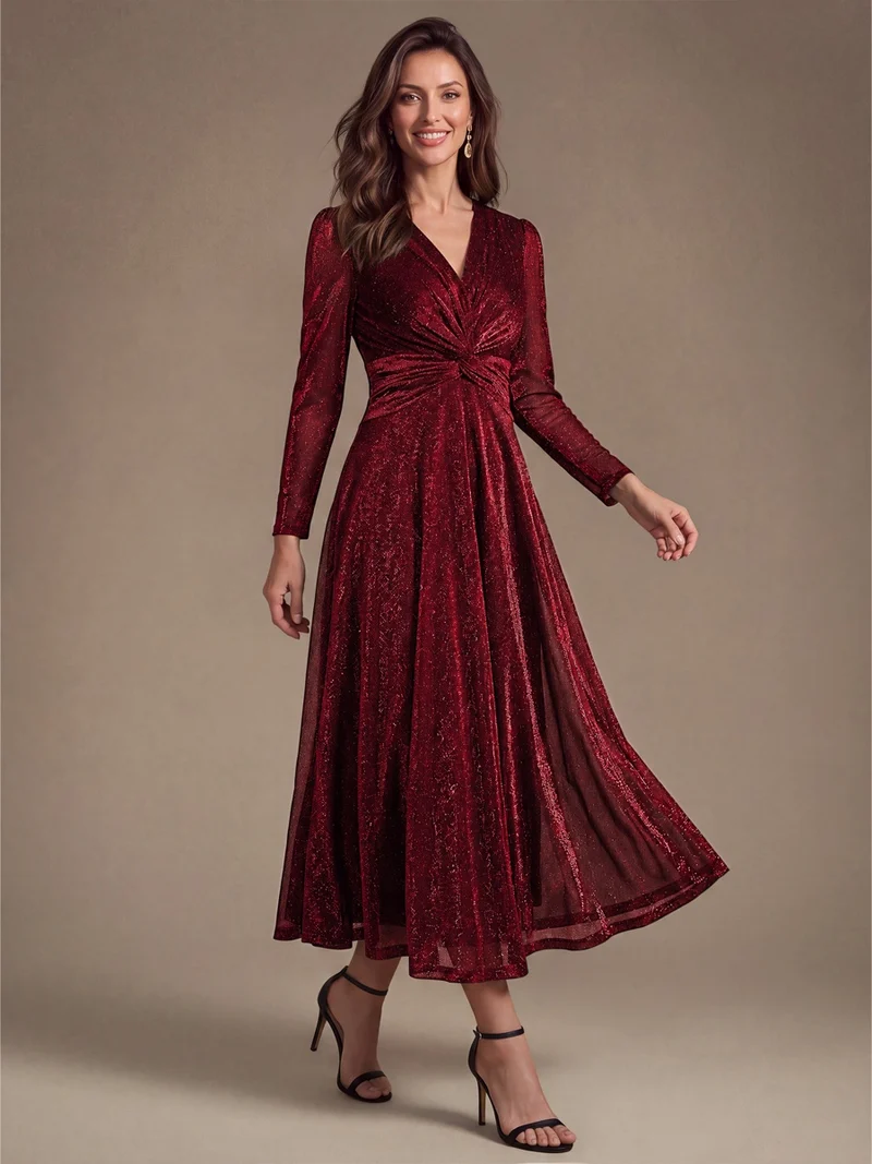 Robe midi trapèze scintillante en maille Lurex col croisé manches longues