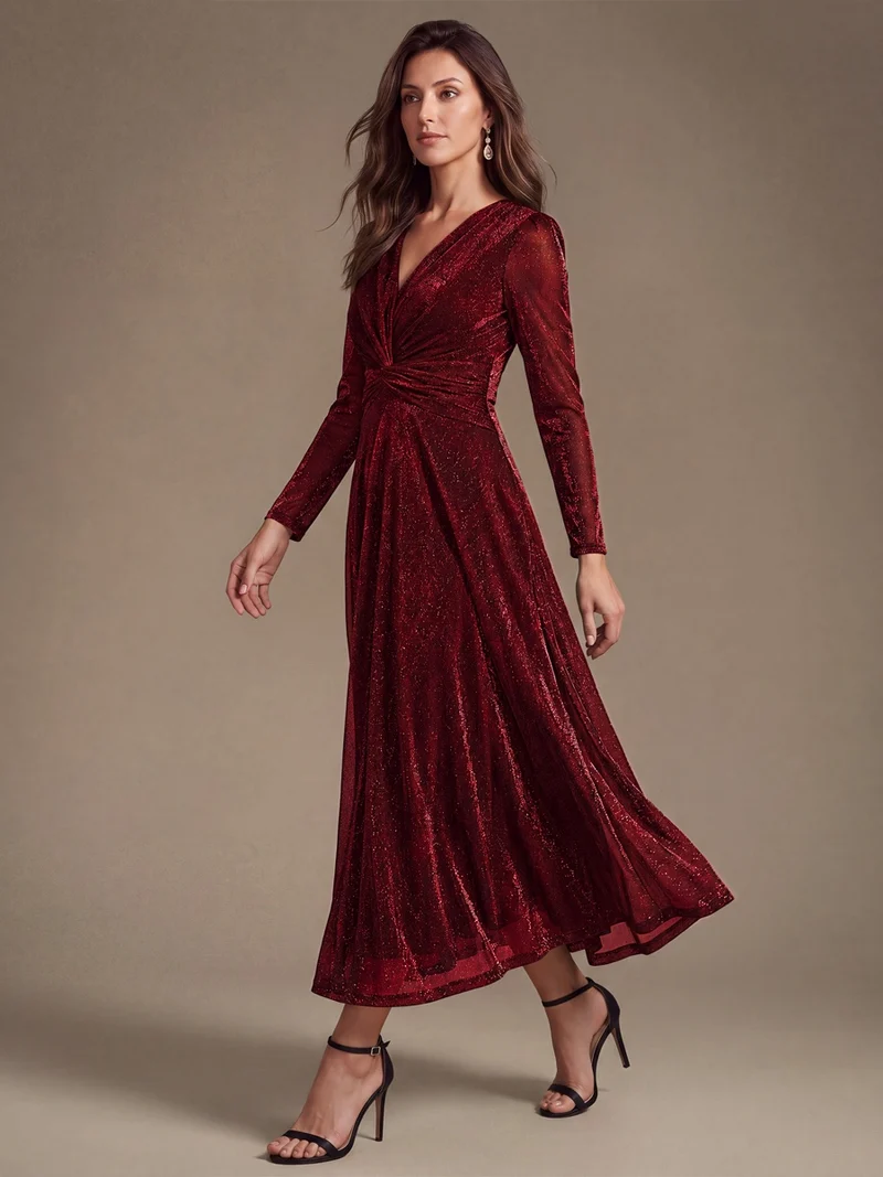Robe midi trapèze scintillante en maille Lurex col croisé manches longues