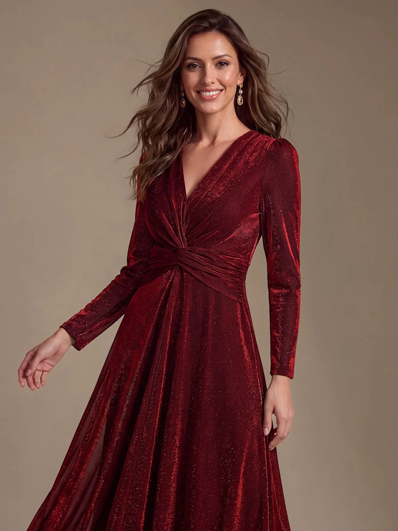 Robe midi trapèze scintillante en maille Lurex col croisé manches longues