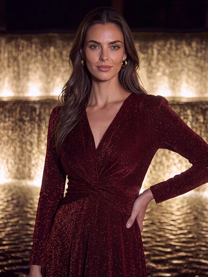 Robe midi trapèze scintillante en maille Lurex col croisé manches longues