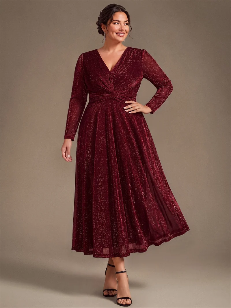 Robe midi trapèze scintillante en maille Lurex col croisé manches longues