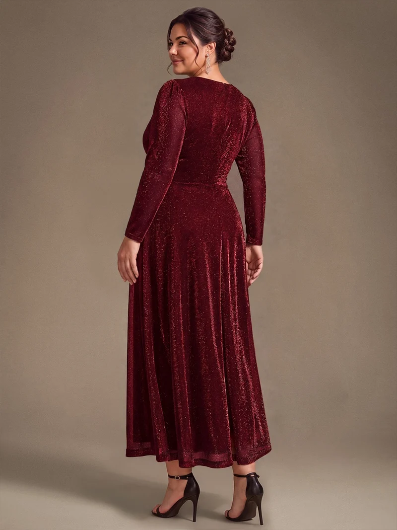 Robe midi trapèze scintillante en maille Lurex col croisé manches longues