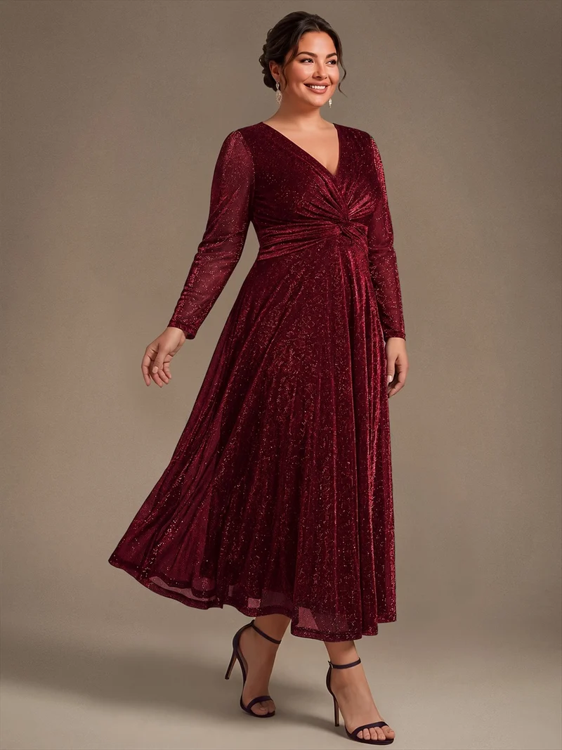 Robe midi trapèze scintillante en maille Lurex col croisé manches longues
